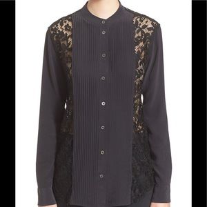 Equipment Black Panel Tuxedo Lace 100% Silk Blouse